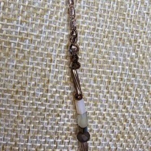 Copper Tone Chain & Bead Necklace with Natural Tiger's Eye Stone Pendant 30"L - Picture 4 of 6